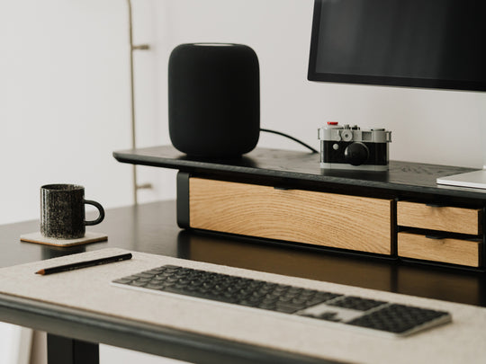 oakywood oak modular drawers with black base in desk setup | oak, , black