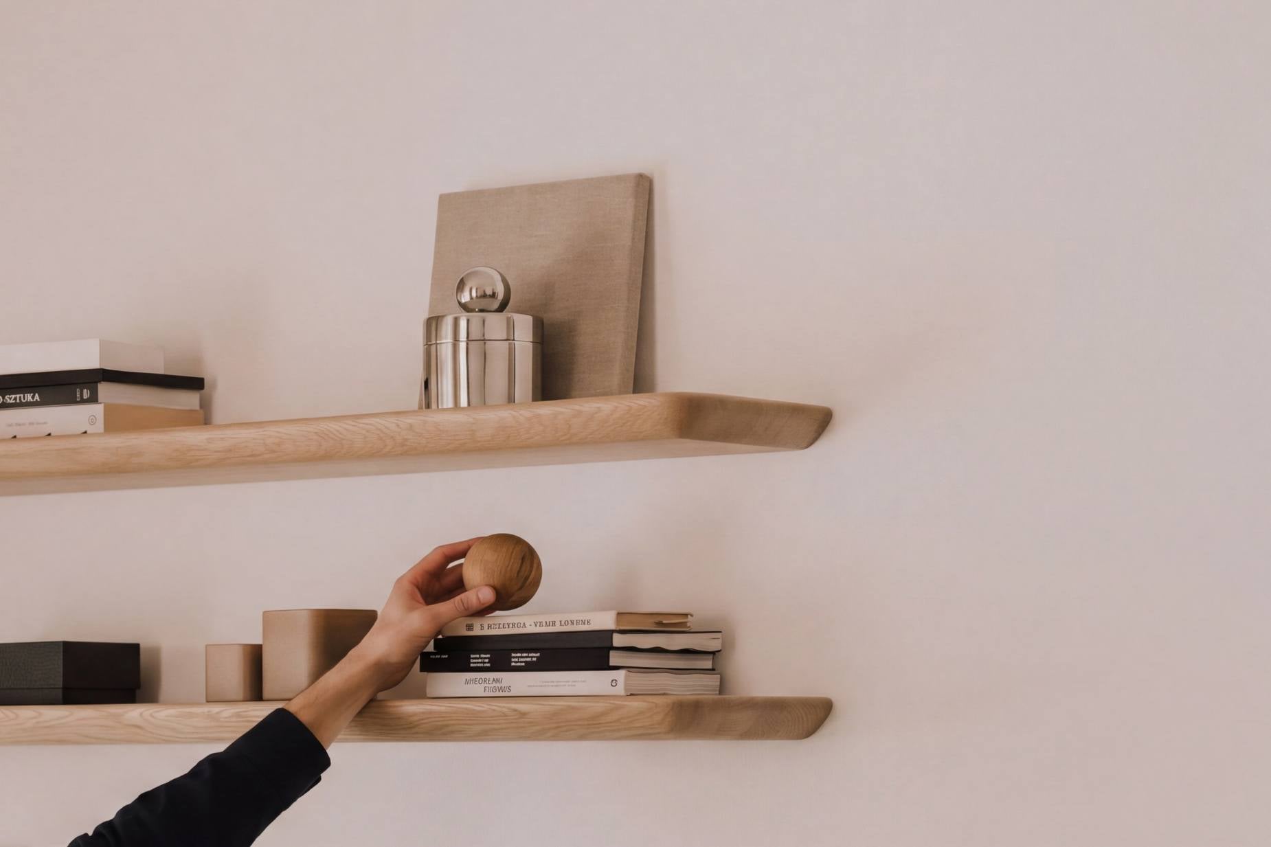 Person reaching for a wooden ball on a shelf against a plain wall | light oak