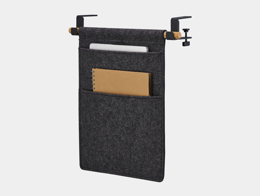 Oakywood Hanging Desk Organizer with anthracite felt pocket, oak wooden rod and black metal clamps – elegant dark grey side mounted storage for workspace gear | anthracite, oak, black