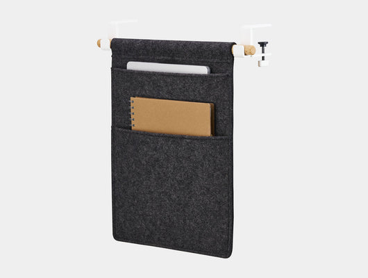 Oakywood Hanging Desk Organizer with anthracite felt pocket, oak wooden rod and white metal clamps – modern light wood side mounted organizer for desk essentials | anthracite, oak, white