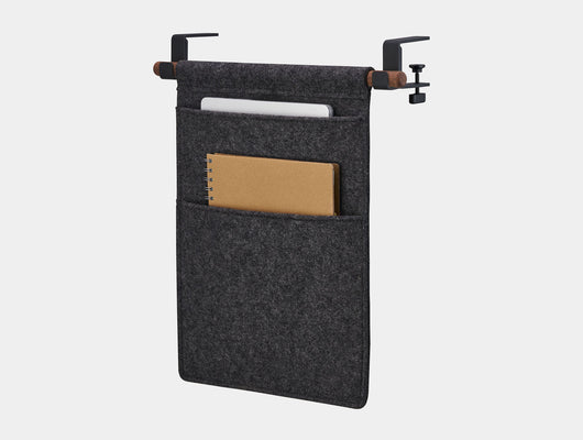 Oakywood Hanging Desk Organizer with anthracite felt pocket, walnut wooden rod and black metal clamps – sophisticated dark wood side mounted organizer for office tools | anthracite, walnut, black