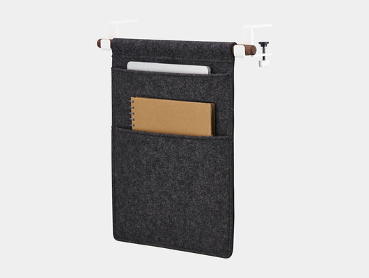 Oakywood Hanging Desk Organizer with anthracite felt pocket, walnut wooden rod and white metal clamps – warm contemporary side mounted felt storage | anthracite, walnut, white