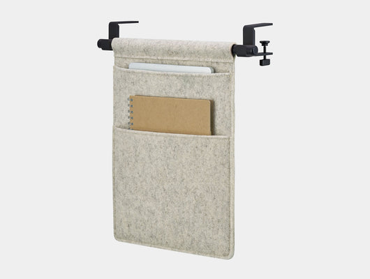 Oakywood Hanging Desk Organizer with stone grey felt pocket, black wooden rod and black metal clamps – sleek modern side mounted organizer for desk accessories | stone grey, black, black