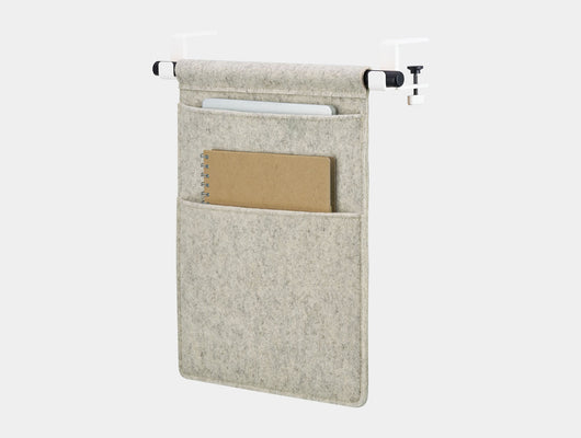 Oakywood Hanging Desk Organizer with stone grey felt pocket, black wooden rod and white metal clamps – bold contemporary hanging organizer for office items | stone grey, black, white