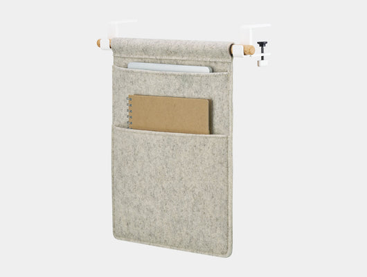 Oakywood Hanging Desk Organizer with stone grey felt pocket, oak wooden rod and white metal clamps – modern light wood side mounted organizer for workspace items | stone grey, oak, white