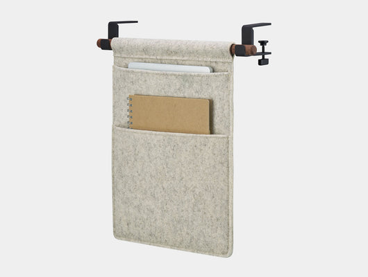 Oakywood Hanging Desk Organizer with stone grey felt pocket, walnut wooden rod and black metal clamps – refined dark wood side mounted felt organizer | stone grey, walnut, black