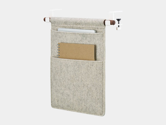 Oakywood Hanging Desk Organizer with stone grey felt pocket, walnut wooden rod and white metal clamps – warm contemporary side mounted storage pocket | stone grey, walnut, white