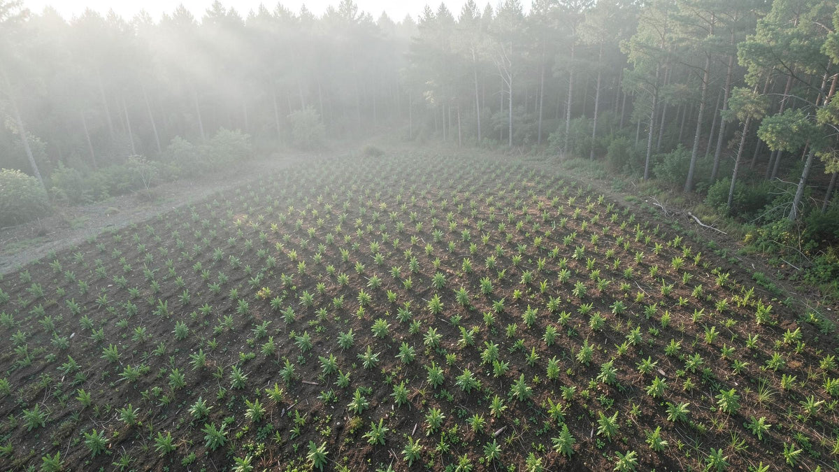 Young saplings planted in a reforestation area at sunrise