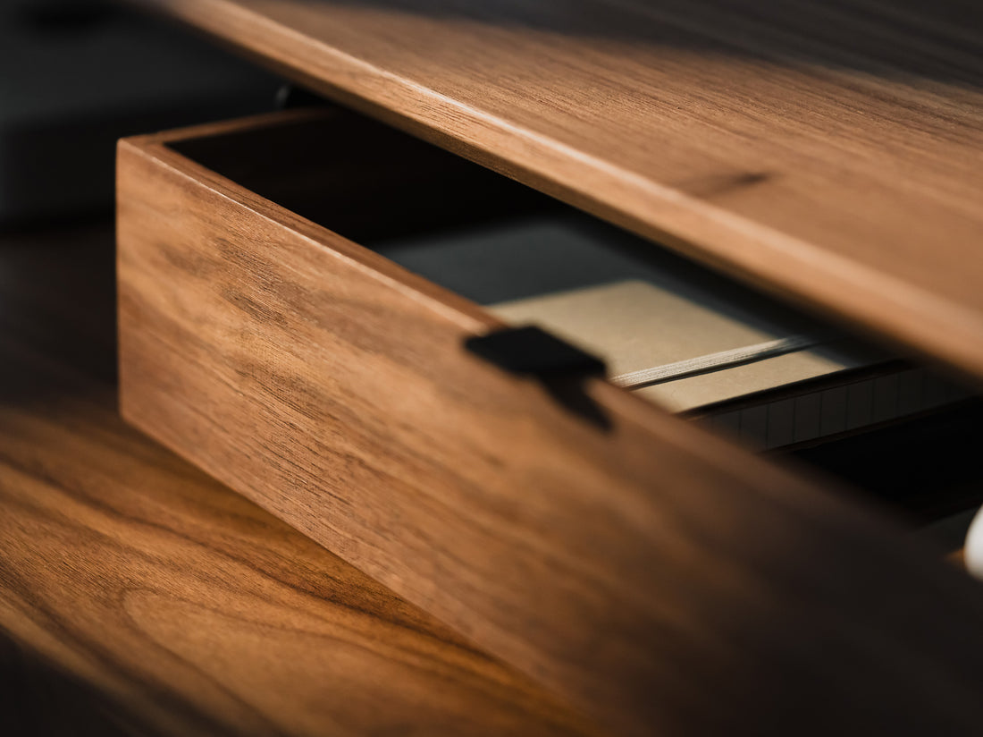 oakywood walnut modular drawer with black base in use | walnut, single drawer, 