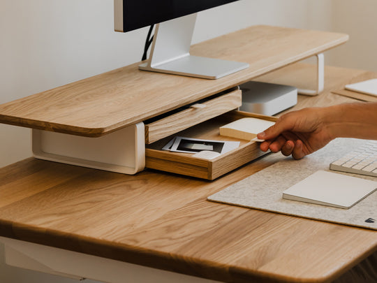 oakywood oak dual modular drawer with white base in use | oak, dual drawer, 