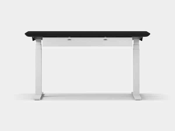 oakywood black wooden standing desk pro with white legs and cable management back view | black, ,white
