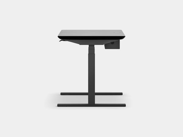 oakywood black wooden standing desk pro with black legs and cable management side view | black, ,black