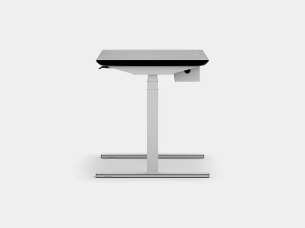 oakywood black wooden standing desk pro with white legs and cable management side view | black, ,white
