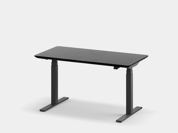 oakywood black wooden standing desk pro with black legs and cable management front view | black, ,black