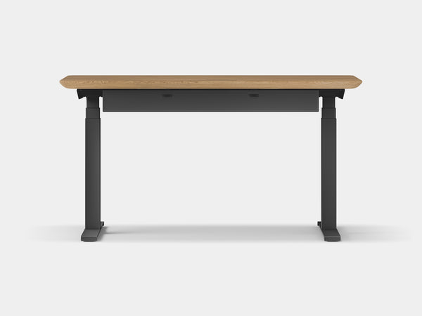 oakywood oak wooden standing desk pro with black legs and cable management back view | oak, ,black