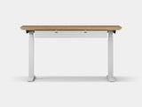 oakywood oak wooden standing desk pro with white legs and cable management back view | oak, ,white