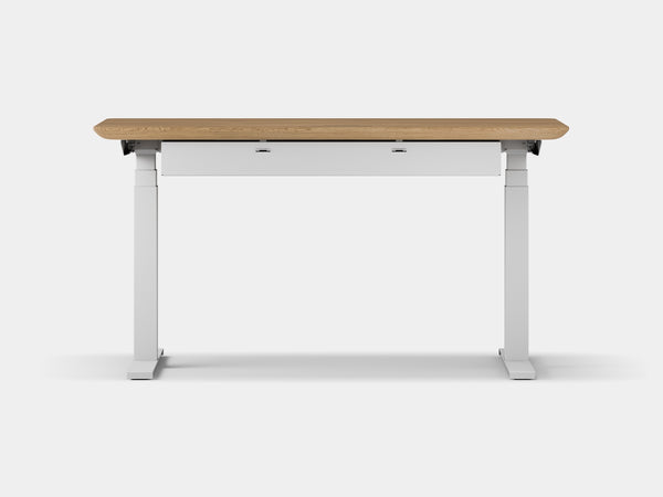 oakywood oak wooden standing desk pro with white legs and cable management back view | oak, ,white