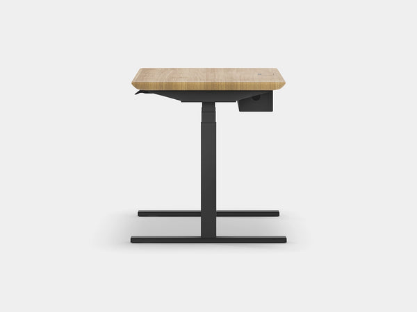 oakywood oak wooden standing desk pro with black legs and cable management front view | light oak, , black
