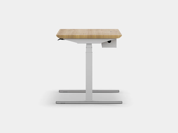 Ergonomic standing desk with wooden top and adjustable base on a white background | light oak, , white