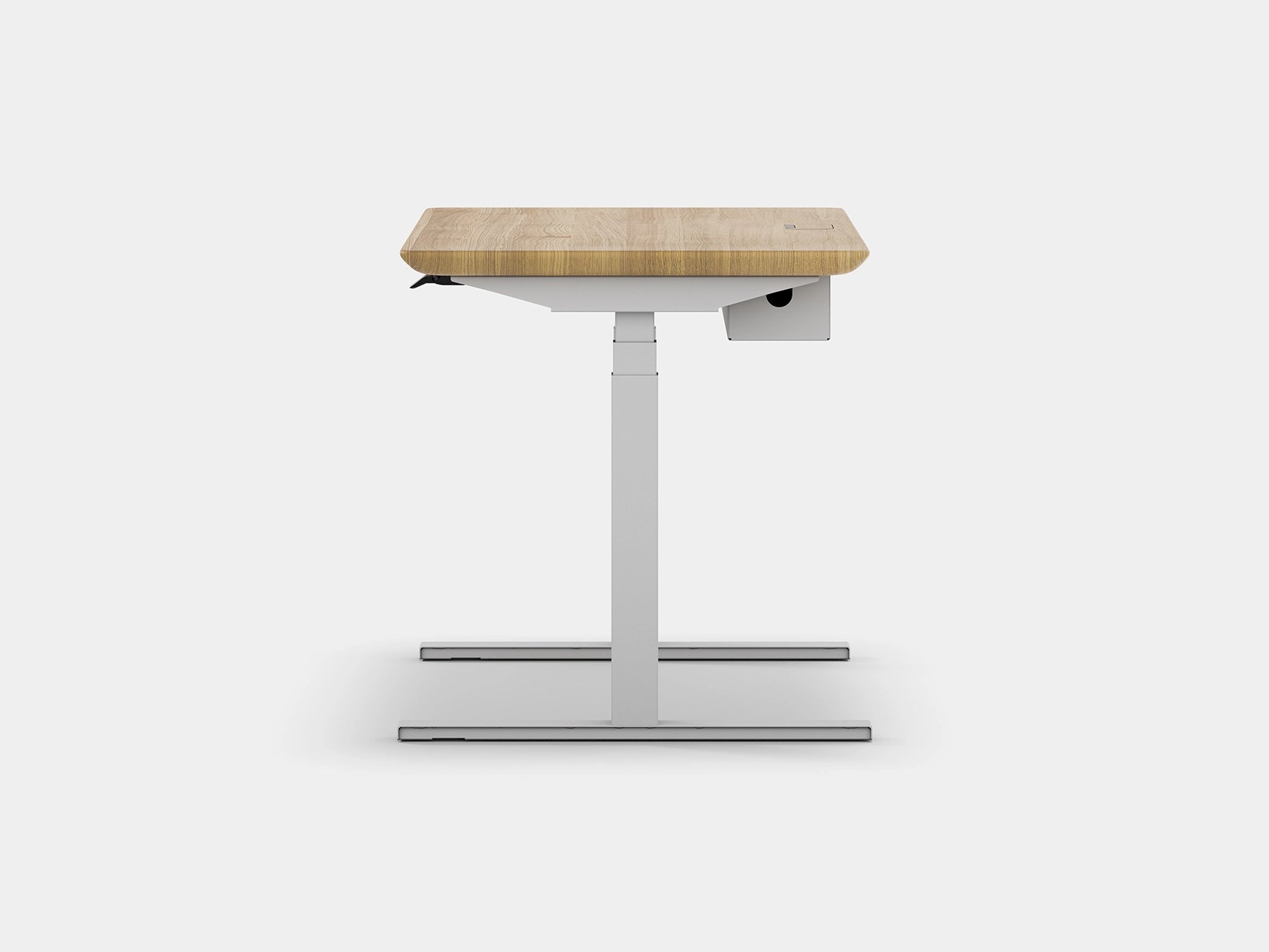 Ergonomic standing desk with wooden top and adjustable base on a white background | light oak, , white
