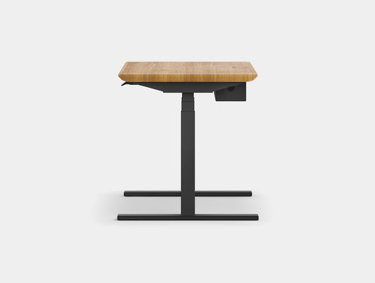 oakywood oak wooden standing desk pro with black legs and cable management side view | oak, ,black