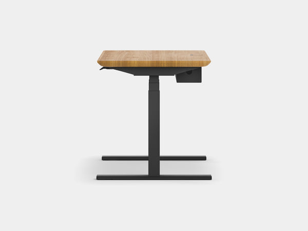 oakywood oak wooden standing desk pro with black legs and cable management side view | oak, ,black