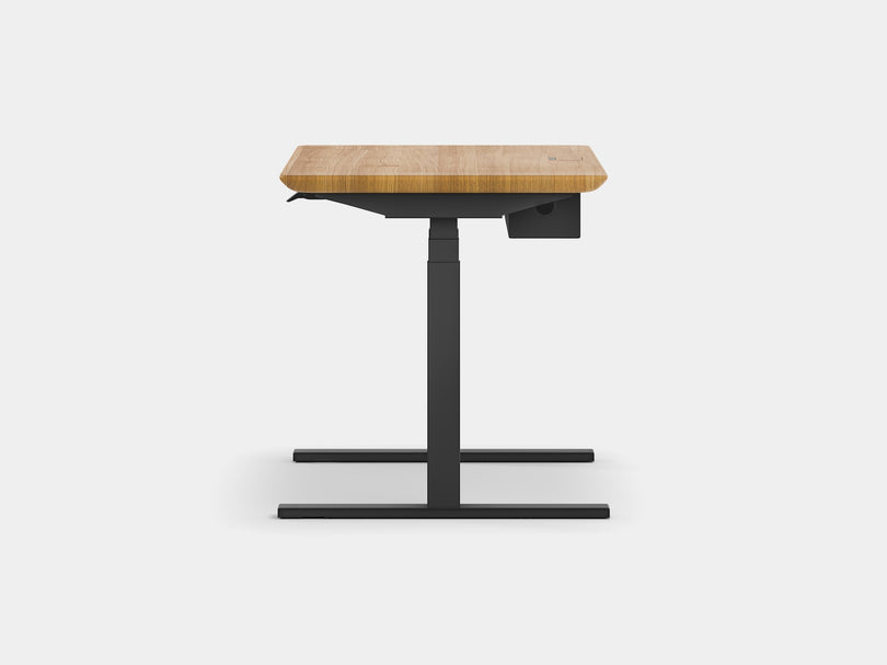 oakywood oak wooden standing desk pro with black legs and cable management side view | oak, ,black