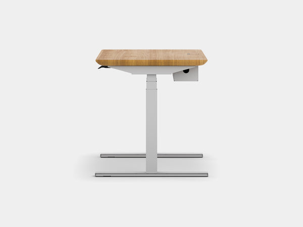 oakywood oak wooden standing desk pro with white legs and cable management side view | oak, ,white