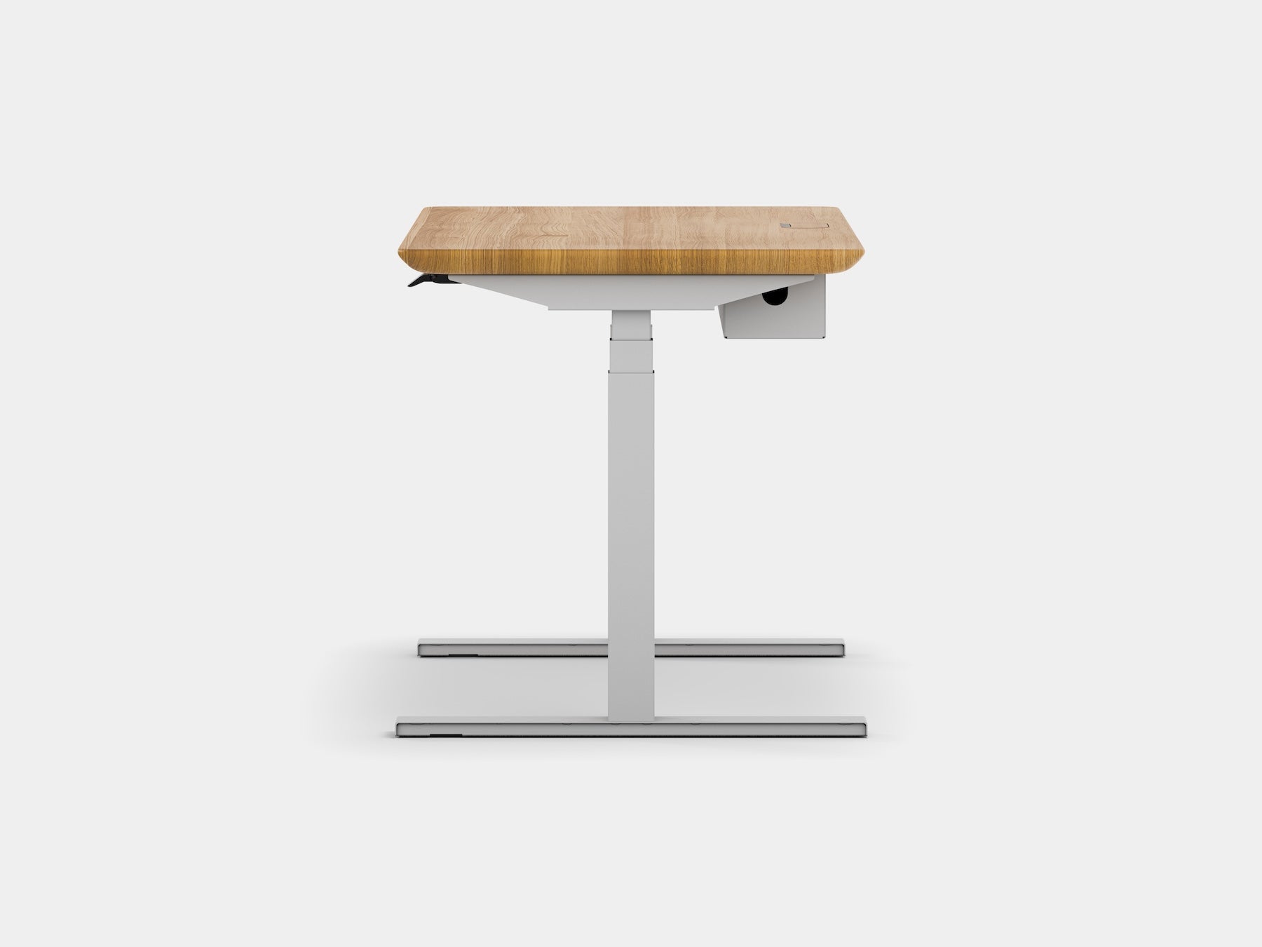 oakywood oak wooden standing desk pro with white legs and cable management side view | oak, ,white