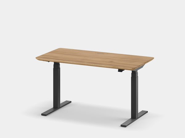 oakywood oak wooden standing desk pro with black legs and cable management front view | oak, , black