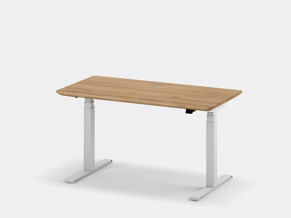 oakywood oak wooden standing desk pro with white legs and cable management front view | oak, ,white
