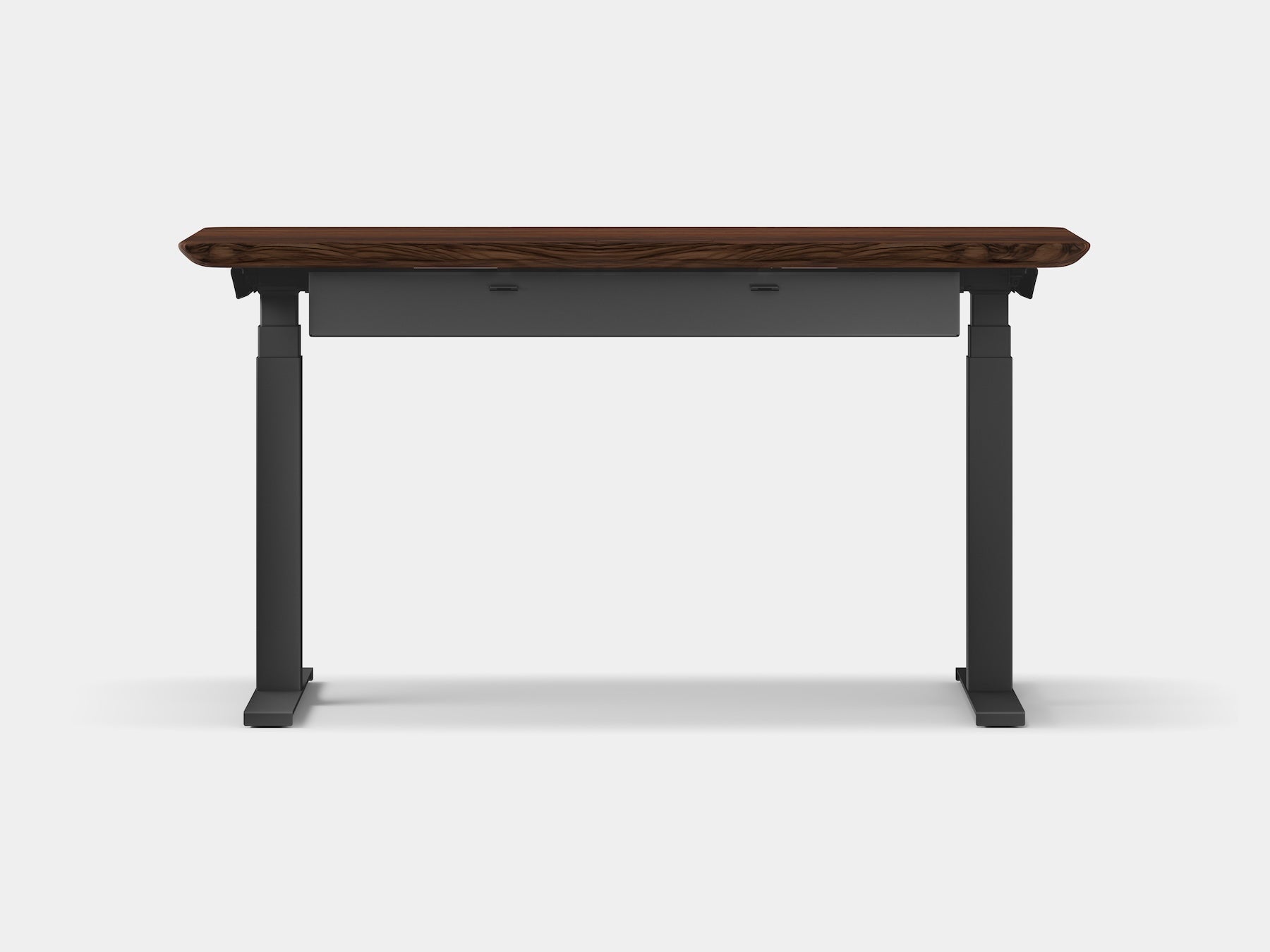 oakywood walnut wooden standing desk pro with black legs and cable management back view | walnut, ,black