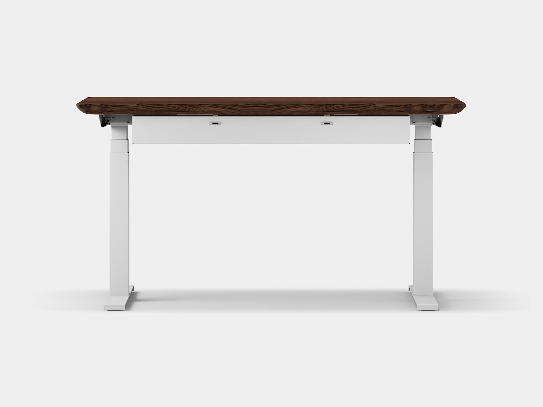oakywood walnut wooden standing desk pro with white legs and cable management back view | walnut, ,white