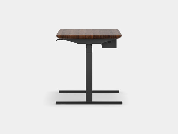 oakywood walnut wooden standing desk pro with black legs and cable management side view | walnut, ,black