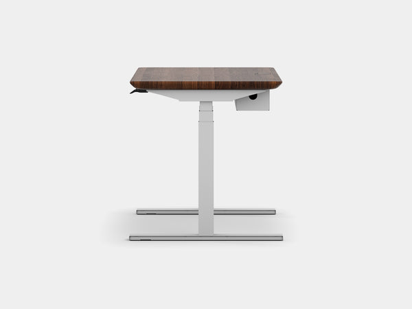 oakywood walnut wooden standing desk pro with white legs and cable management side view | walnut, ,white