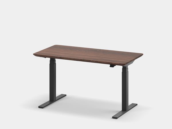 oakywood walnut wooden standing desk pro with black legs and cable management front view | walnut, ,black
