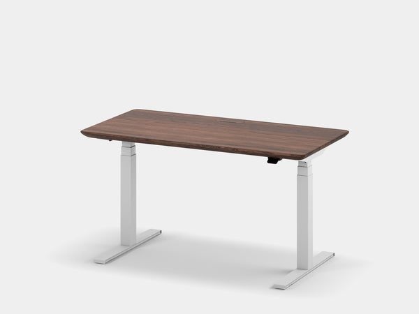 oakywood walnut wooden standing desk pro with white legs and cable management front view | walnut, ,white