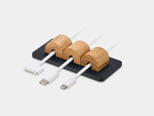 Magnetic cable organizer in oak and black – sleek wooden design for desk cord management | oak, black