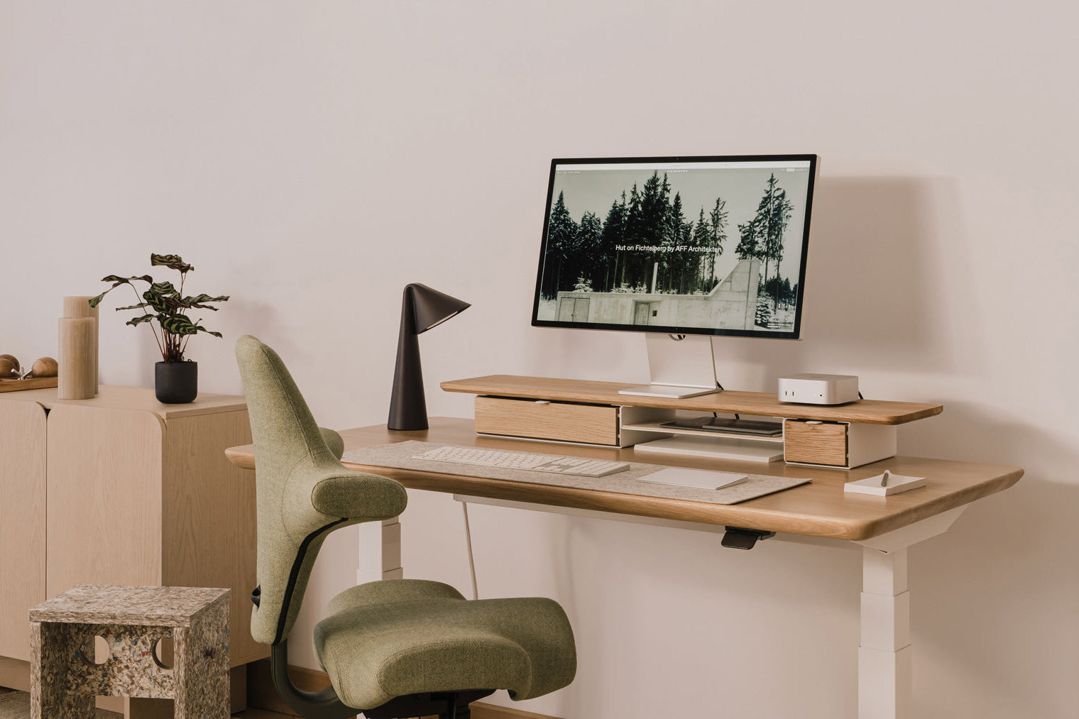 Modern office setup with a desk, chair, and computer monitor. Standing desk pro Oakywood light oak |light oak, , 