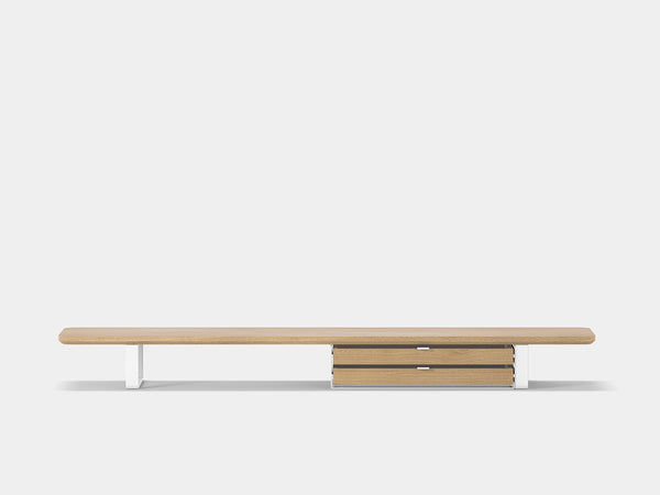 oakywood oak desk shelf with white legs and dual modular drawer front view | light oak, dual drawer, white