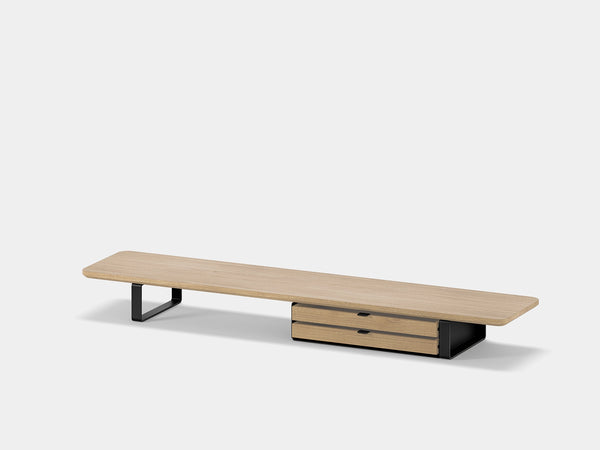oakywood oak desk shelf with white legs and dual modular drawer front view | light oak, dual drawer, black