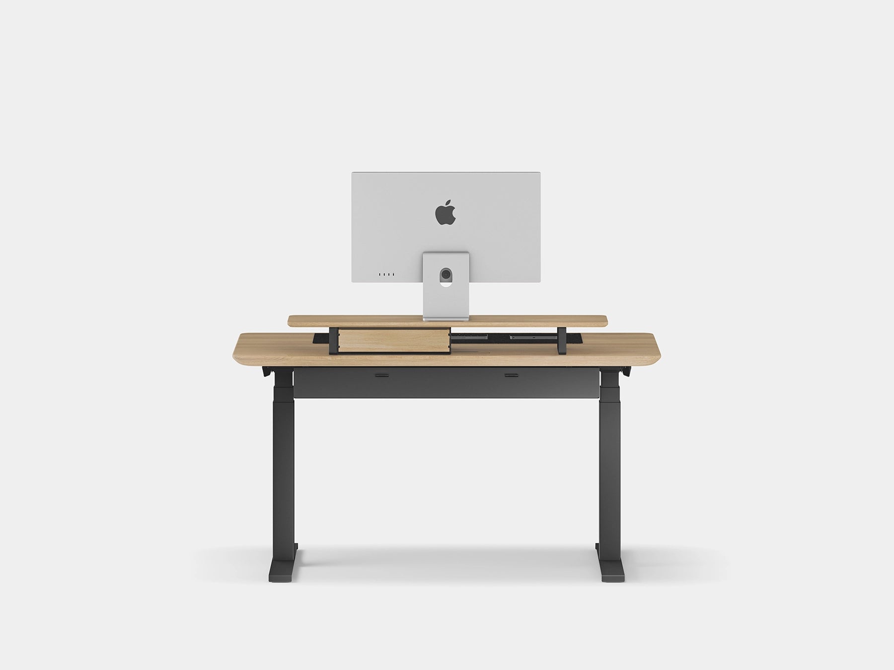 Wooden desk with a computer monitor on a white background | light oak, , black