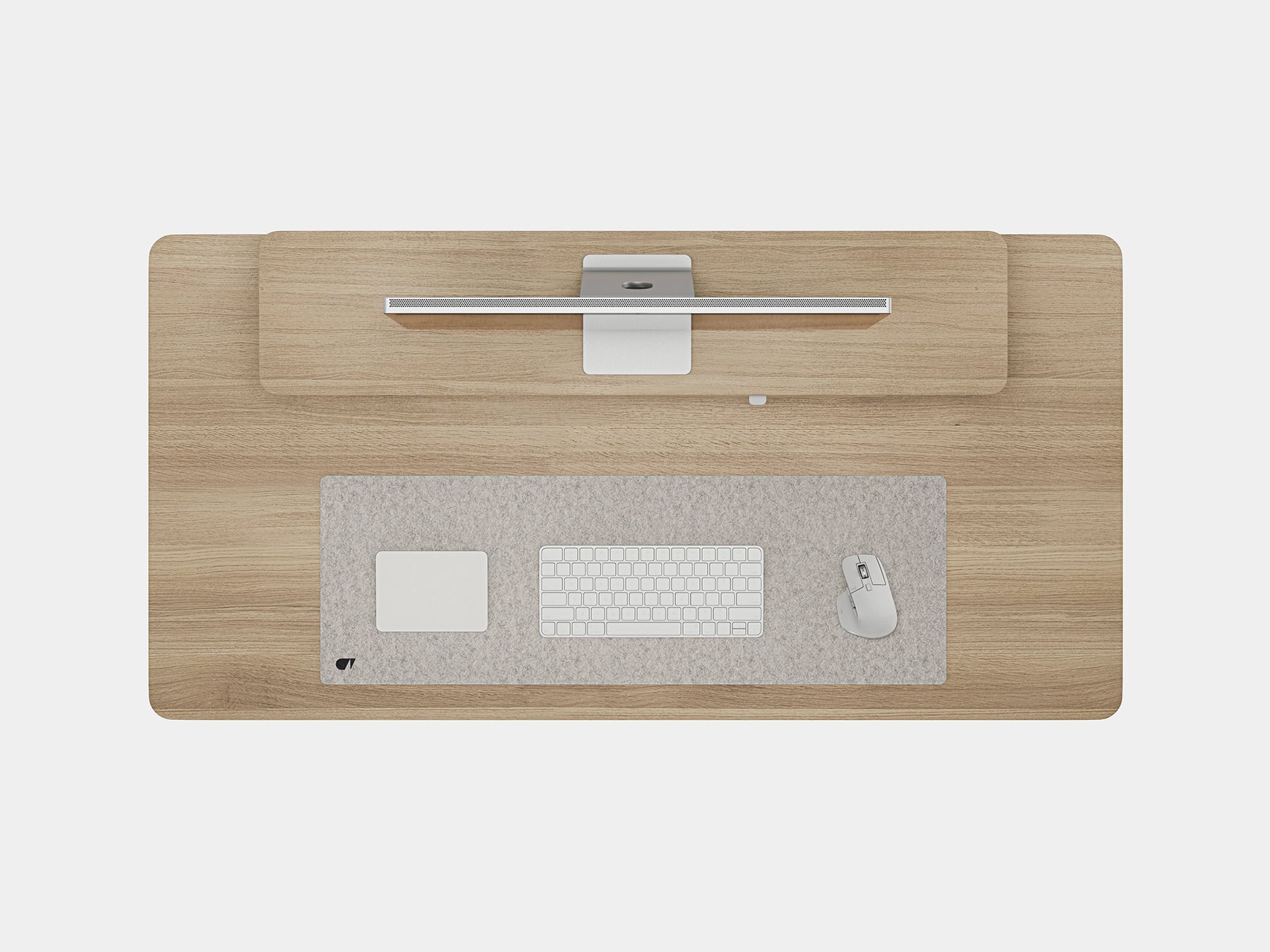 Wooden desk with a keyboard tray, mouse pad, and office supplies on a white background | light oak, , white