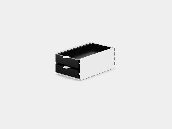 black, dual drawer, white