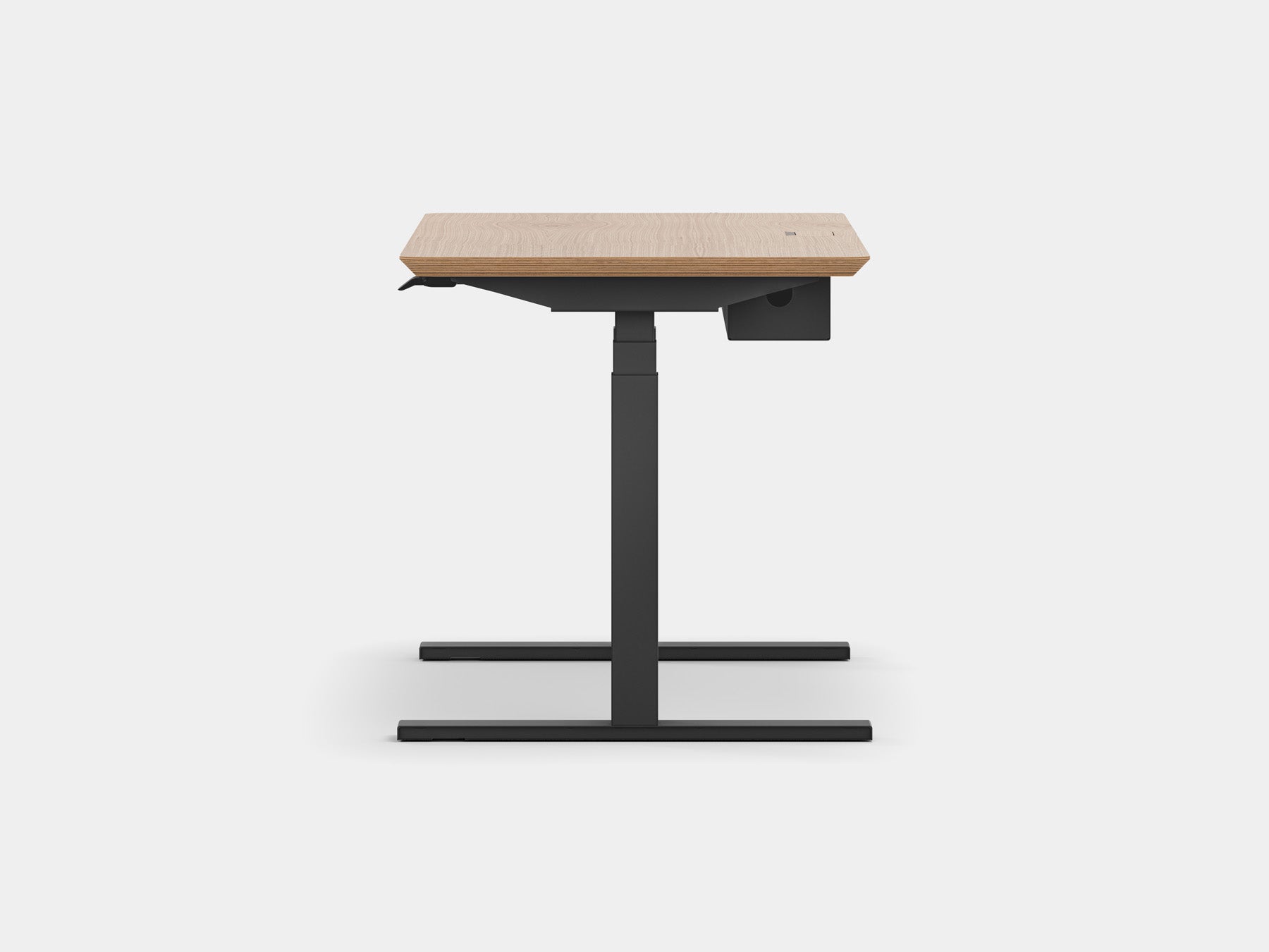 oakywood oak veneer wooden standing desk pro with black legs and cable management side view | oak veneer, ,black