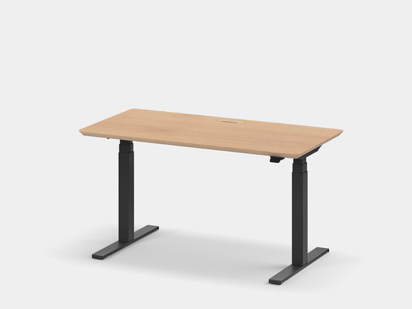 oakywood oak veneer standing desk pro with black legs and cable management front view | oak veneer, , black
