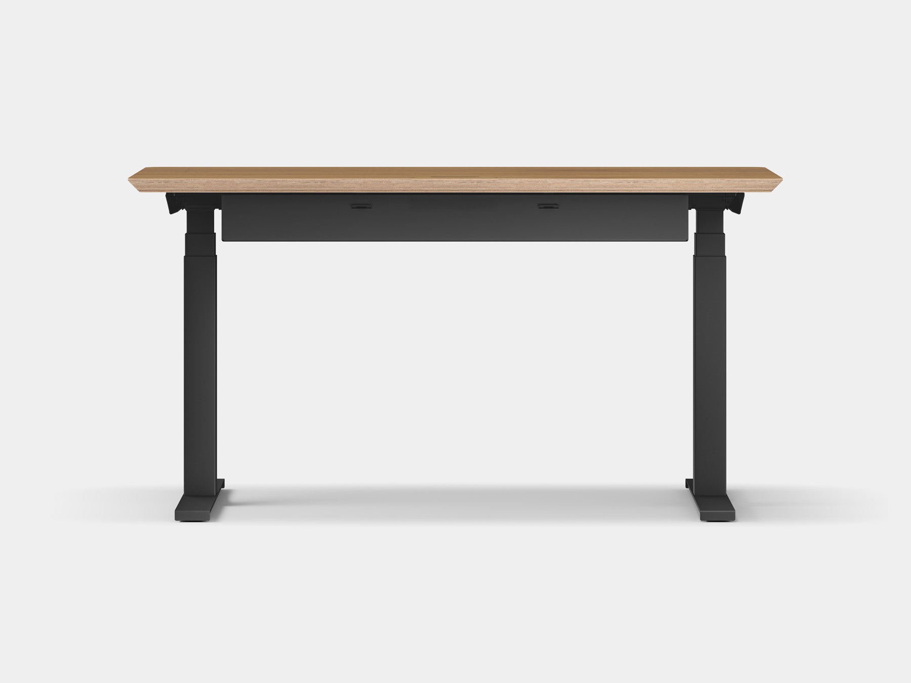 oakywood oak veneer wooden standing desk pro with black legs and cable management side view | oak veneer, , black
