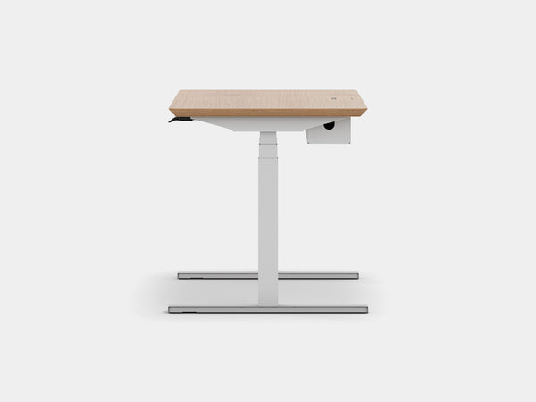 oakywood oak veneer wooden standing desk pro with white legs and cable management side view | oak veneer, , white