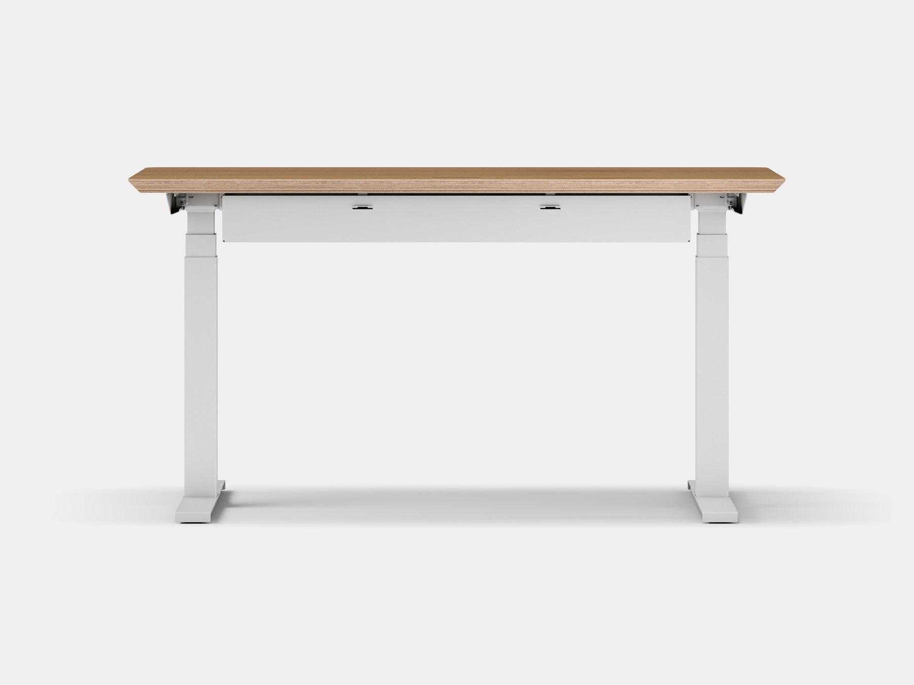 oakywood oak veneer standing desk pro with white legs and cable management back view | oak veneer, ,white