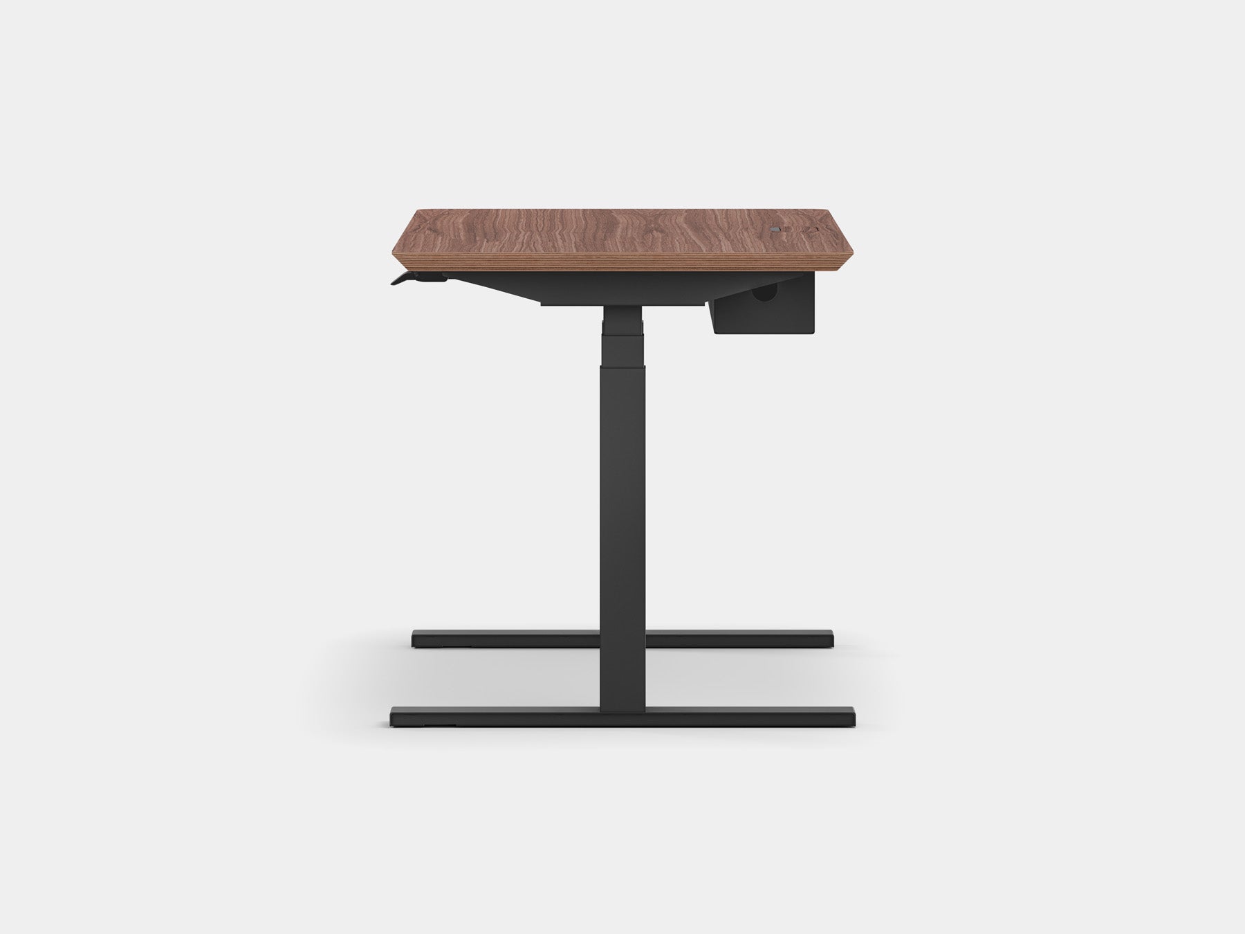 oakywood walnut veneer standing desk pro with black legs and cable management side view | walnut veneer, ,black